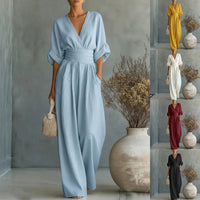 Summer Short-sleeved Jumpsuit Fashion Casual V-Neck Wide-Leg Pants Womens Clothing
