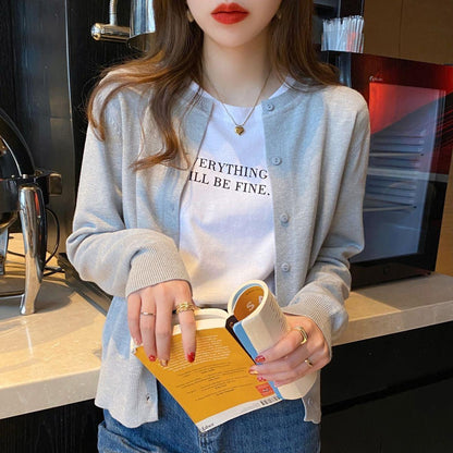 Women's Slimming Round-Neck Long-Sleeve Knitted Cardigan