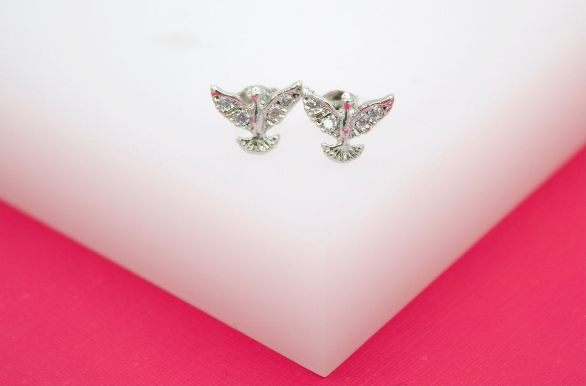 18K Gold Filled Bird Dove Stud Earrings With CZ Cubic Zirconia Stone (L118)