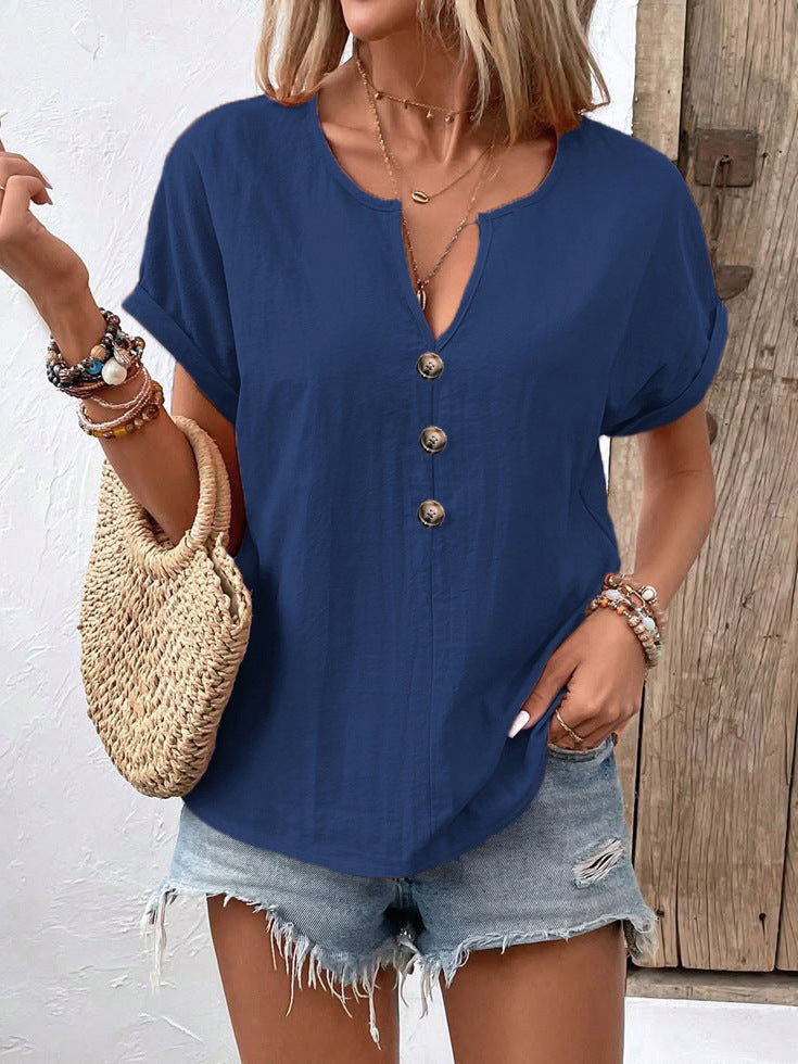 Women's Buttoned V-neck Short-sleeve T-shirt Top