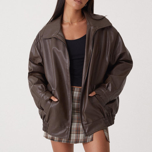 Spring And Autumn European And American Leather Jacket Locomotive Style Loose Top Coat Women