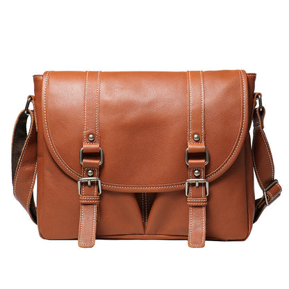 Mens Full-Grain Leather Large-Capacity Shoulder Bag