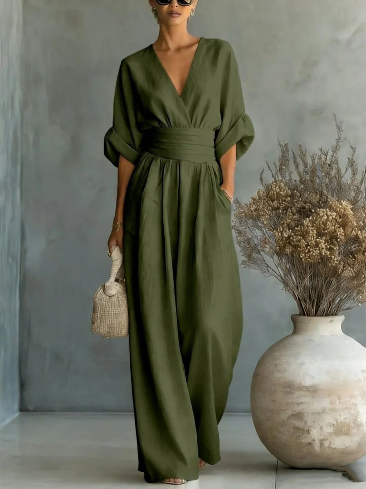 Summer Short-sleeved Jumpsuit Fashion Casual V-Neck Wide-Leg Pants Womens Clothing