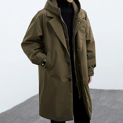 Coat Coat Men's False Two Pieces Hooded Mid-length Trench Coat