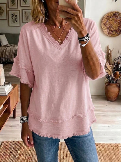 Casual Women's Shirt V-Neck Short Sleeve Loose Fit Pure Color Summer Fashion Trend Pullover Tops For Daily Wear