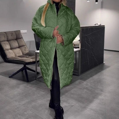 Winter Rhombus Stitching Coat Warm Solid Color Pocket Lapel Long Jacket Women's Clothing