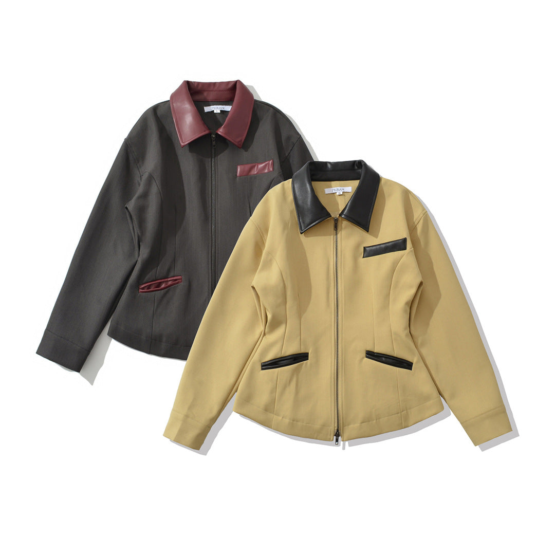 Retro Lapels Contrast Color Waist-tight Motorcycle Slim-fit Leather Coat Zipper Jacket