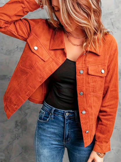Women's Corduroy Long Sleeve Jacket - Casual Button-Up Coat With Flap Pockets