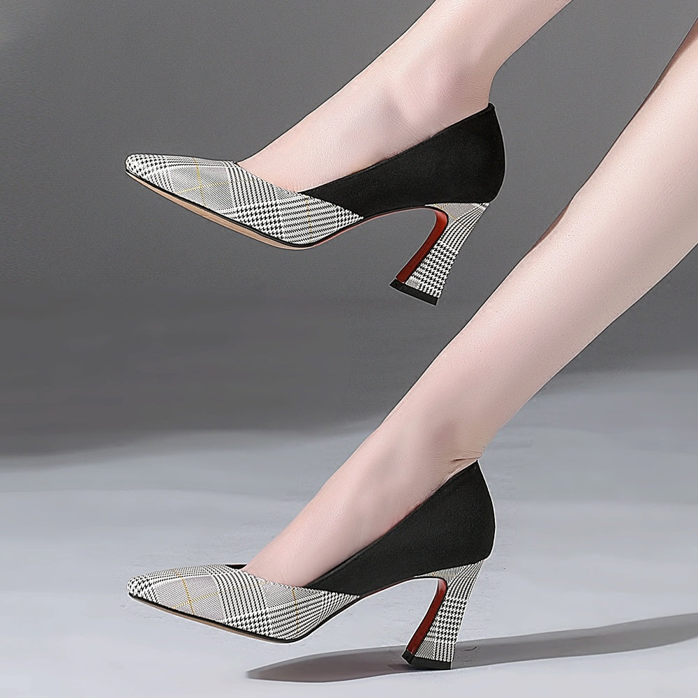 All-match Thick Heel Shoes Women Plaid Shallow Mouth Single