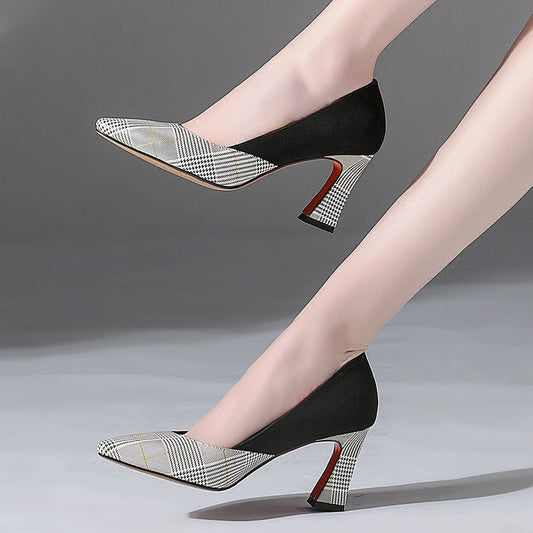 All-match Thick Heel Shoes Women Plaid Shallow Mouth Single