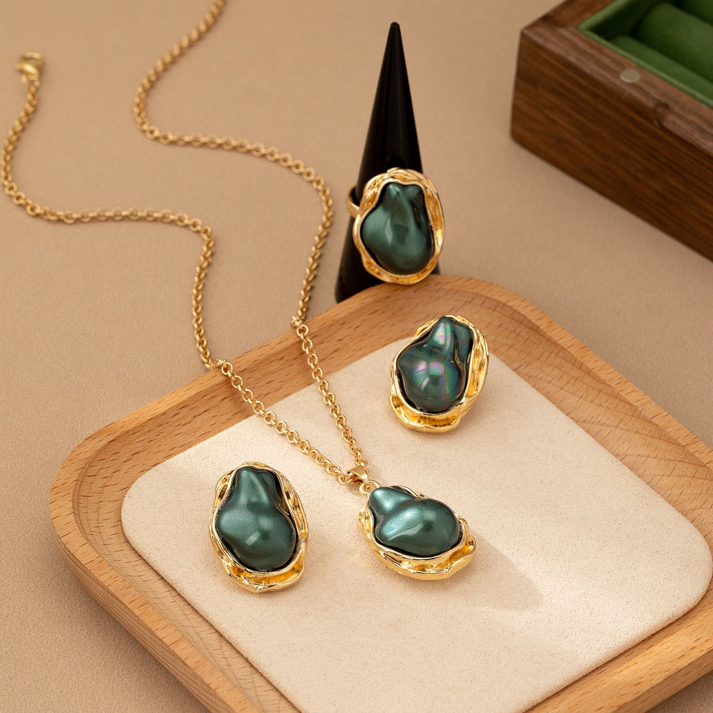 Retro Green Irregular Inlaid Imitation Pearl Necklace Ear Stud And Ring