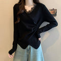 Irregular Cross-feel Lace Spliced V-neck Long Sleeve T-shirt