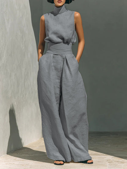 Casual Sleeveless Suit Summer Stand-up Collar Pullover Top And Loose Straight-leg Trousers Women's Clothing