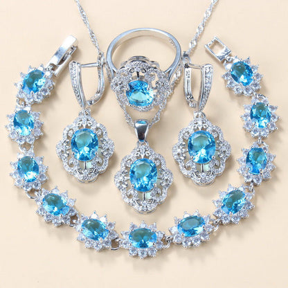 Garnet Cubic Zirconia Earrings Pendant Necklace Bracelet Ring Gift 4 PCs Set