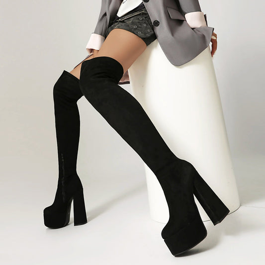 High-heeled Pointed-toe Waterproof Platform Boots With Chunky Heels