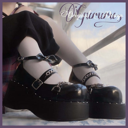 Women's Heightened Thick Bottom Chain Retro British Style Leather Shoes