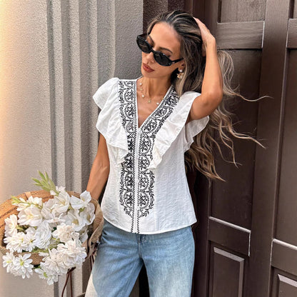 Ruffled V-neck Single-breasted Short-sleeve Top