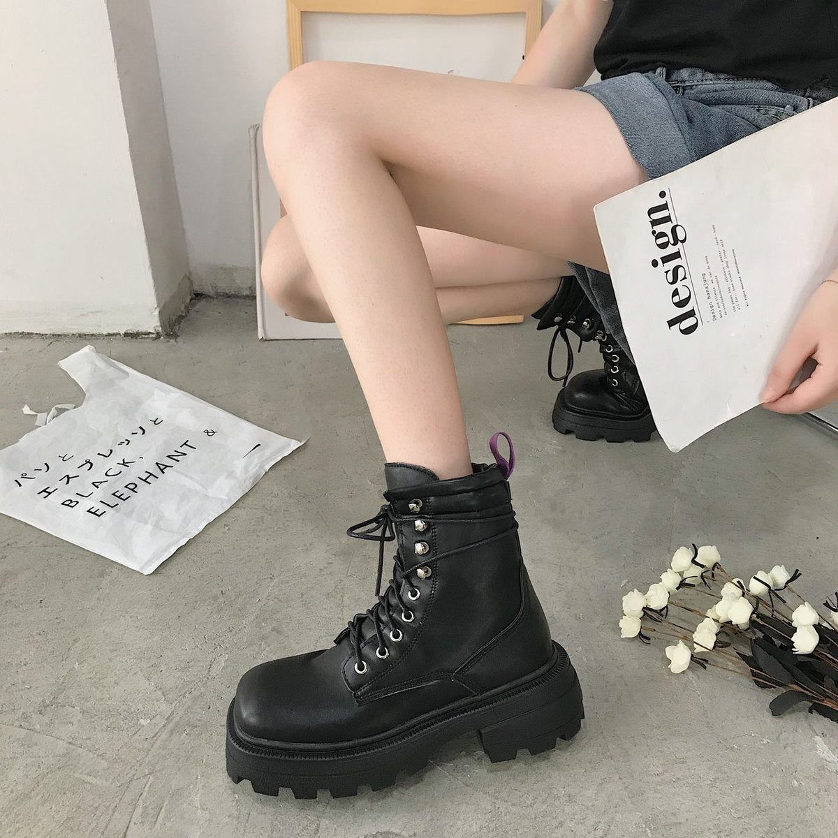 Square toe platform mid-heel lace-up fashion boots