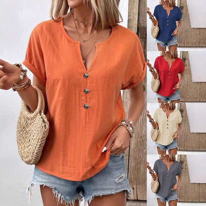 Women's Buttoned V-neck Short-sleeve T-shirt Top