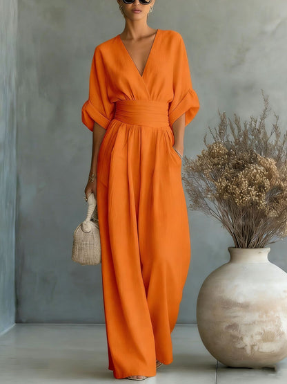 Summer Short-sleeved Jumpsuit Fashion Casual V-Neck Wide-Leg Pants Womens Clothing