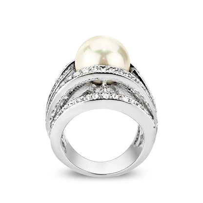 LO5W242-  Brass Ring With Pearl  in White  Rhodium Plated