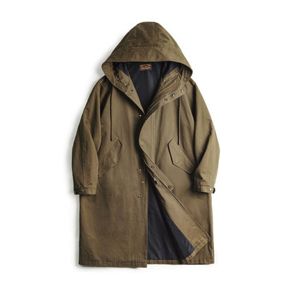 Military Style Brushed Fleece Hooded Windbreaker Loose Pure Cotton Mid-length Coat For Men Autumn