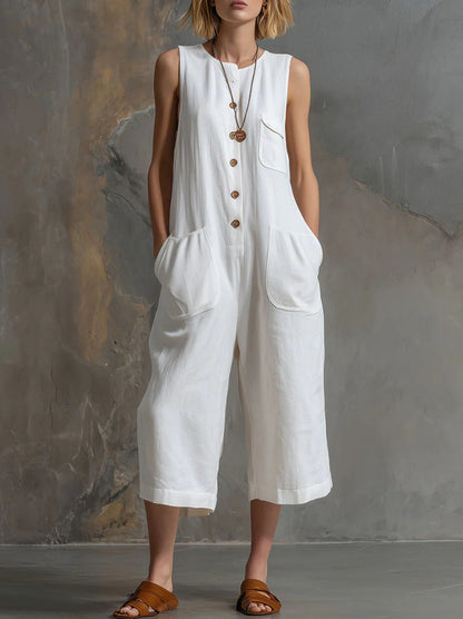 Retro Sleeveless Cotton-Linen Wide-Leg Cropped Jumpsuit