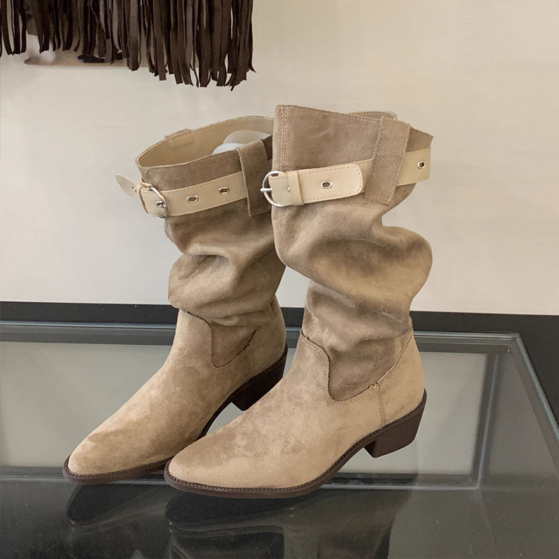 Western Cowboy Mid-calf Thick Heel Pointed Toe High Fold Stack Boots