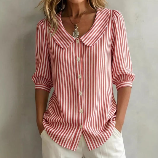Mid-sleeve Striped V-neck Shirt Top T-shirt Womens Clothing