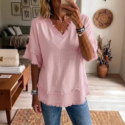 Casual Women's Shirt V-Neck Short Sleeve Loose Fit Pure Color Summer Fashion Trend Pullover Tops For Daily Wear