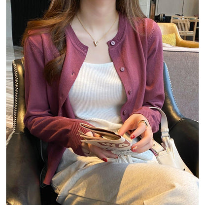Women's Slimming Round-Neck Long-Sleeve Knitted Cardigan