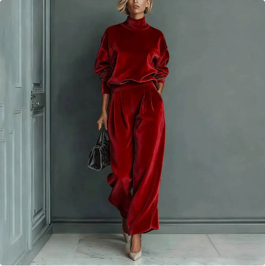 Casual Warm Velour Long-sleeved Solid Color High-neck Zipper Wide-leg Sportswear