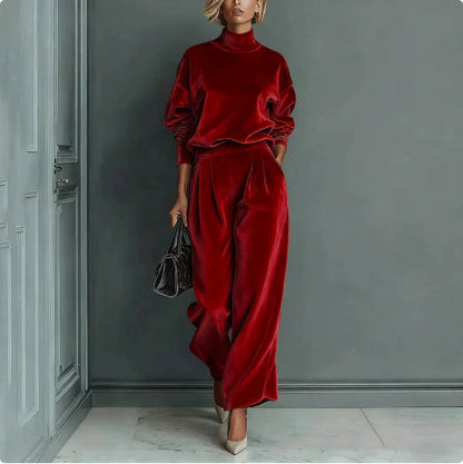 Casual Warm Velour Long-sleeved Solid Color High-neck Zipper Wide-leg Sportswear