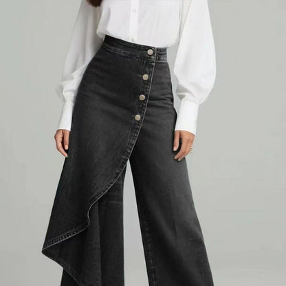 Denim Skort With Button Closure And Washed Finish For Women