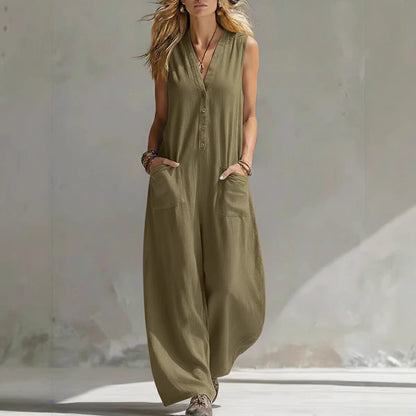 SpringSummer Womens Casual Linen-Cotton Sleeveless Jumpsuit