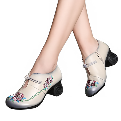 GKTINOO Women Embroidery Pumps Grey Lady 6CM High Heels Shoes Handmade Women Genuine Leather Pumps Autumn Shoes