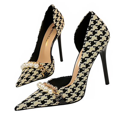 BIGTREE Shoes 2026 Spring Women Pumps Pearl Metal Chain High-heels Checked Grain Stilettos Women Heels Luxury Banquet Shoes 43
