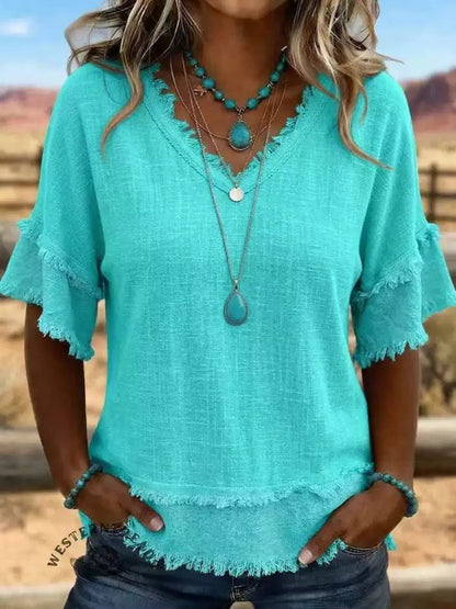 Casual Women's Shirt V-Neck Short Sleeve Loose Fit Pure Color Summer Fashion Trend Pullover Tops For Daily Wear