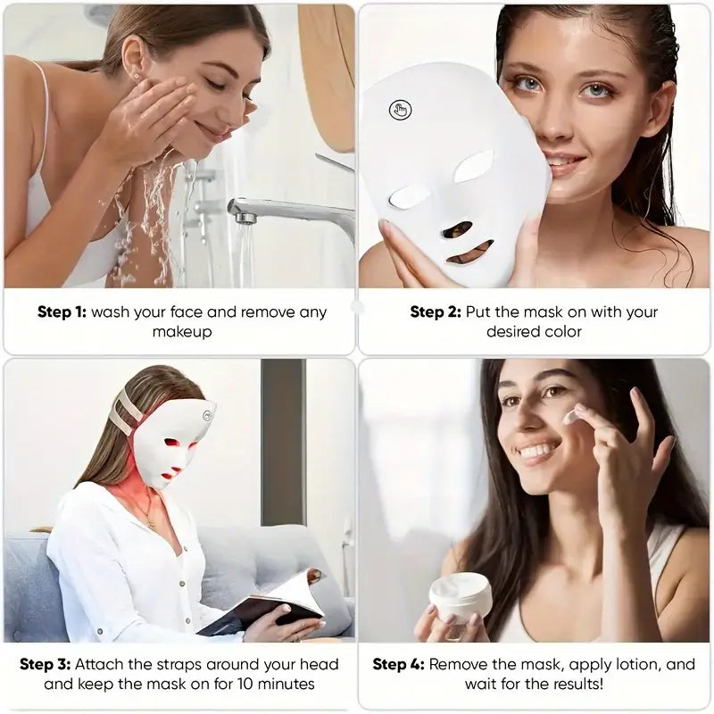Step-by-step guide on using a facial mask with images of a woman applying it.
