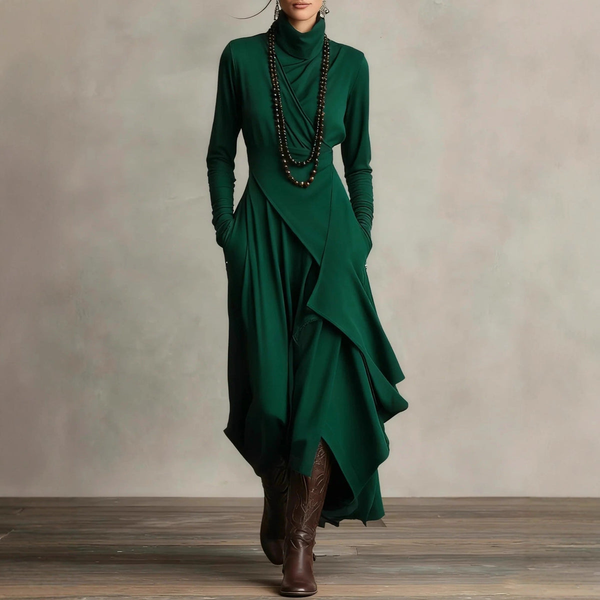 Women's Solid Color Cross-sleeve High-neck Dress