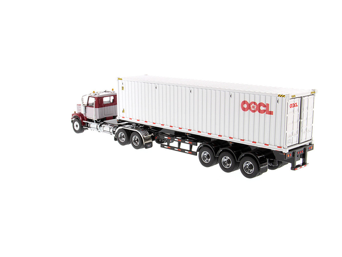 Western Star 4900 SF Tandem Day Cab Truck Tractor Red and Gray with 40' Dry Goods Sea Container "OOCL" White "Transport Series" 1/50 Diecast Model by Diecast Masters