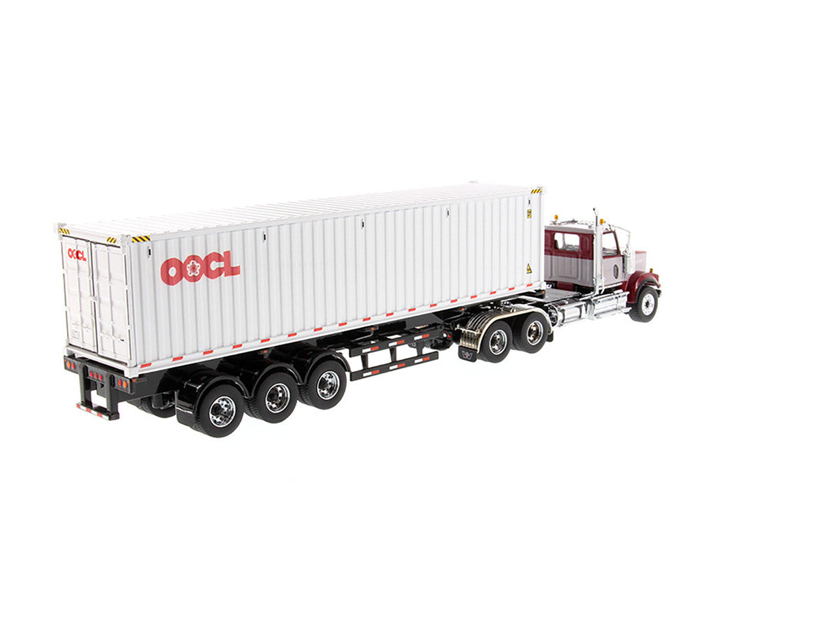 Western Star 4900 SF Tandem Day Cab Truck Tractor Red and Gray with 40' Dry Goods Sea Container "OOCL" White "Transport Series" 1/50 Diecast Model by Diecast Masters