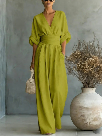 Summer Short-sleeved Jumpsuit Fashion Casual V-Neck Wide-Leg Pants Womens Clothing
