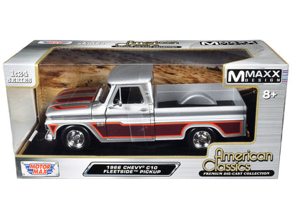 1966 Chevrolet C10 Fleetside Pickup Truck Silver Metallic with Brown Sides "American Classics" Series 1/24 Diecast Model Car by Motormax