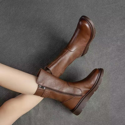 Round-toe Solid-color High-top Mid-calf Short Boots With Side Zipper