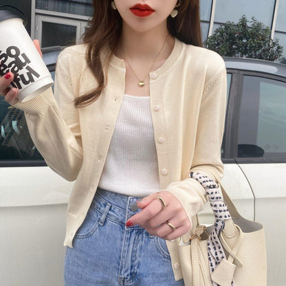 Women's Slimming Round-Neck Long-Sleeve Knitted Cardigan