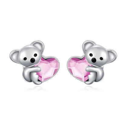 925 Sterling Silver Koala Bear Cute Animal Hypoallergenic Heart Crystal Earrings Jewellery