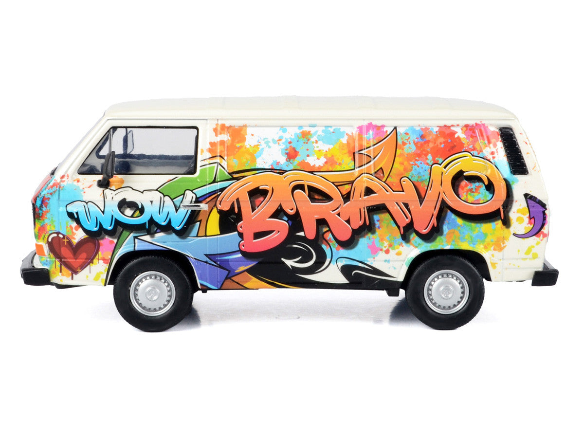 Volkswagen Type 2 (T3) Van White Metallic with Graffiti Graphics 1/24 Diecast Model Car by Motormax