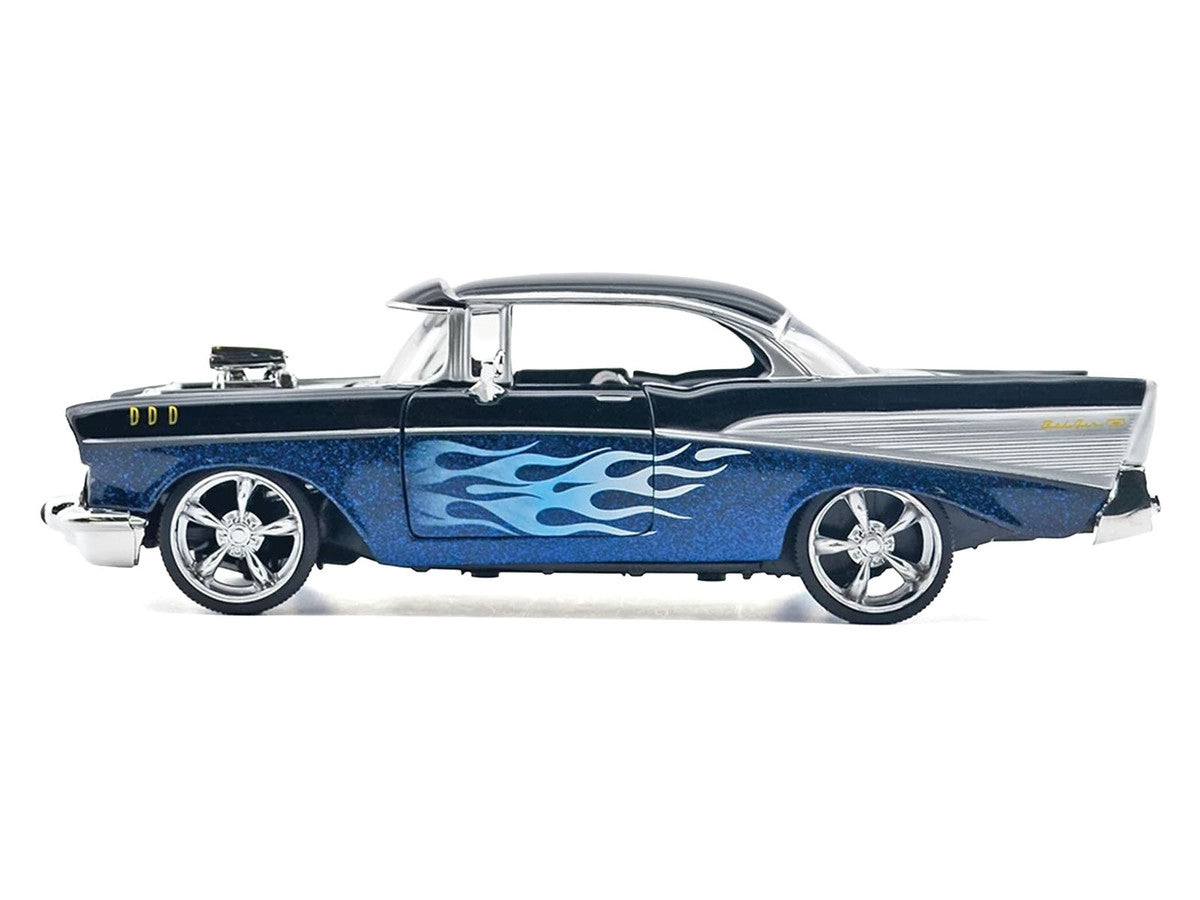 1957 Chevrolet Bel Air Black with Blue Flame Graphics "Kult Klassics" Series 1/24 Diecast Model Car by Motormax