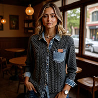 Women's Fashion Knit-and-jean Patchwork Shirt For Fall And Winter